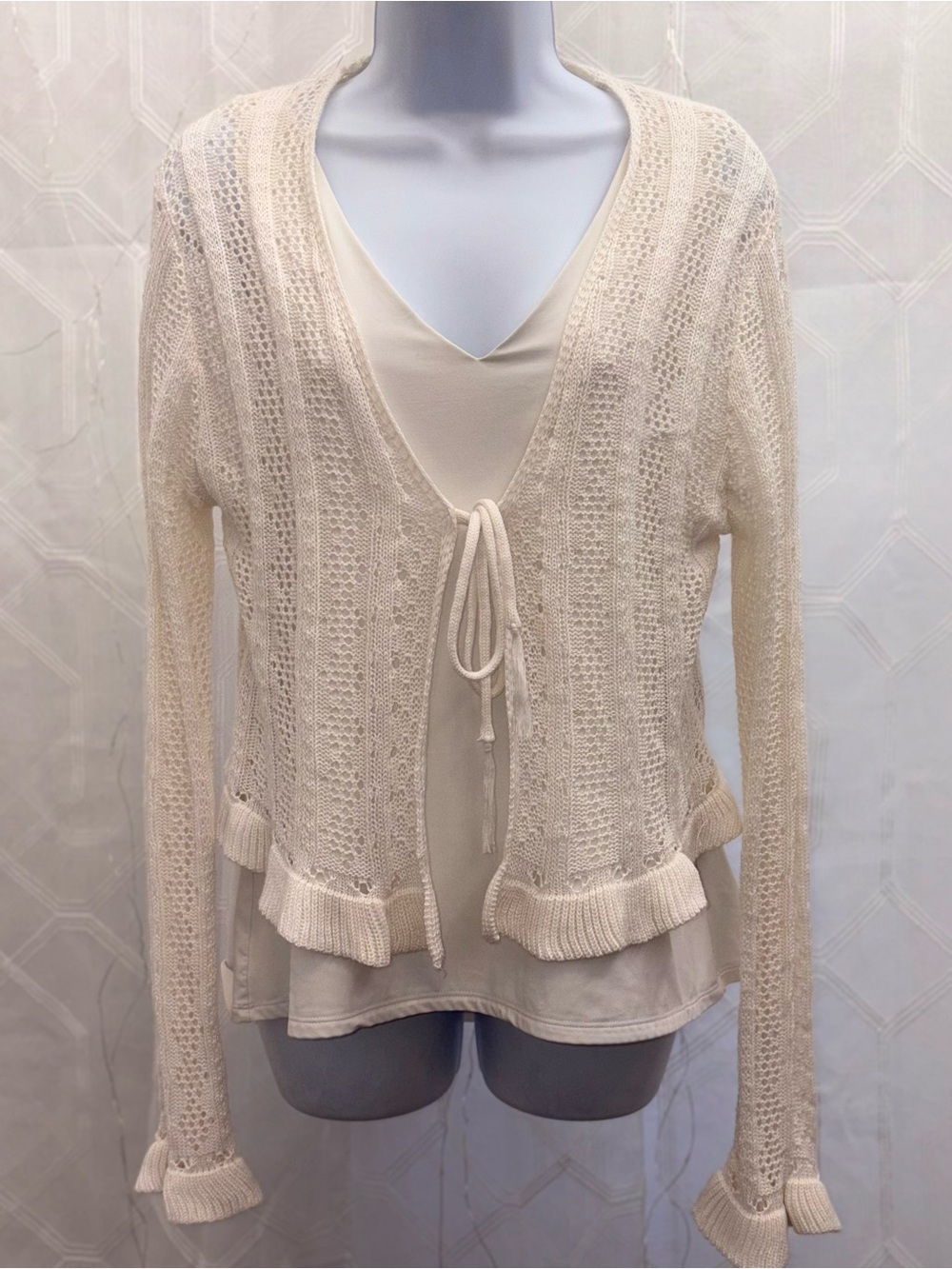 Women’s Off White Coquette Open Knit Cardigan Cottagecore Trumpet Cuffs Size M